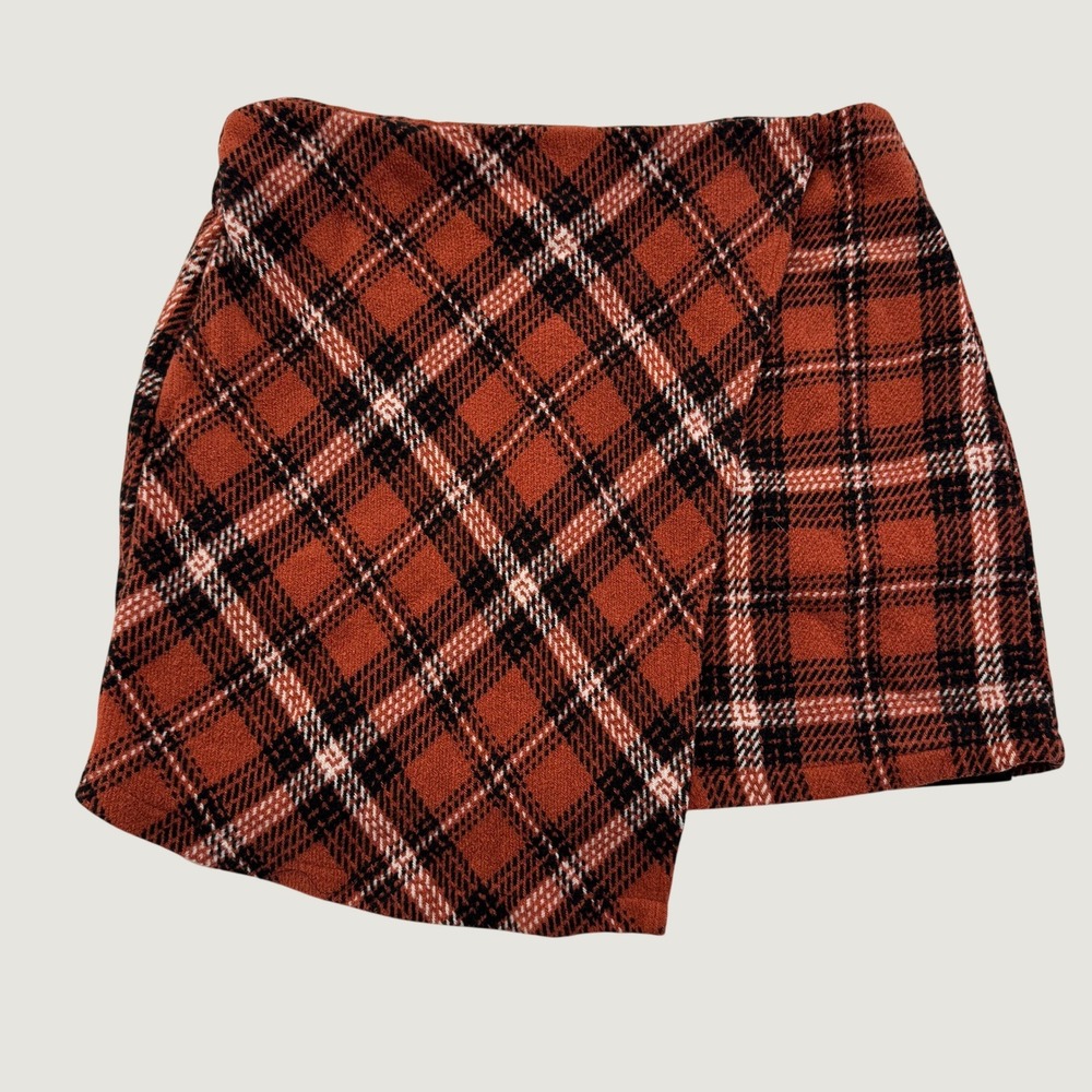 Gianni Bini Wrap Mini Skirt Womens XL Orange Black Plaid Lined Asymmetrical